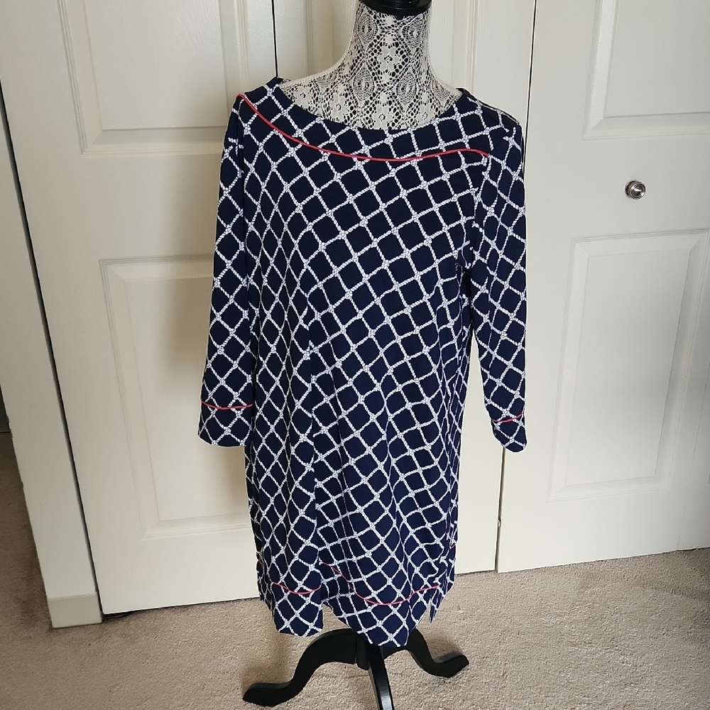 Lands' End Blue, White, and Red Sheath Dress with 3/4 Sleeves